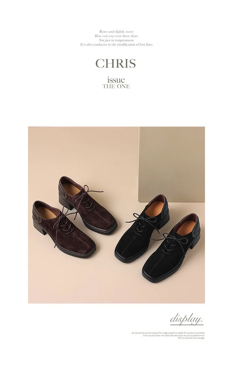 NEW Spring/Autumn Women Shoes Square Toe Chunky Heel Casual Shoes Sheep Suede Leather Shoes for Women Retro Lace up Women Pumps