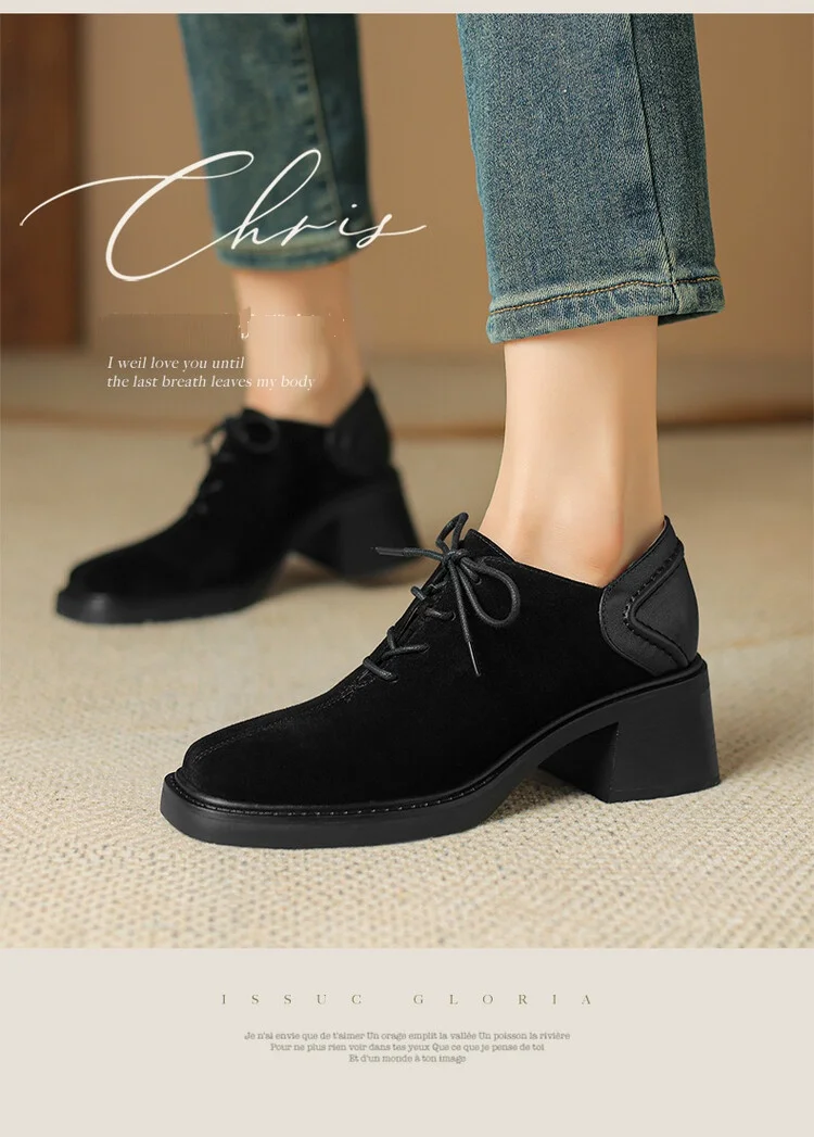 NEW Spring/Autumn Women Shoes Square Toe Chunky Heel Casual Shoes Sheep Suede Leather Shoes for Women Retro Lace up Women Pumps
