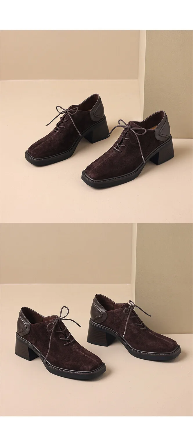 NEW Spring/Autumn Women Shoes Square Toe Chunky Heel Casual Shoes Sheep Suede Leather Shoes for Women Retro Lace up Women Pumps