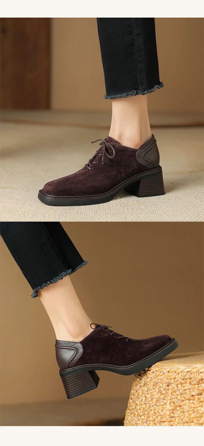 NEW Spring/Autumn Women Shoes Square Toe Chunky Heel Casual Shoes Sheep Suede Leather Shoes for Women Retro Lace up Women Pumps