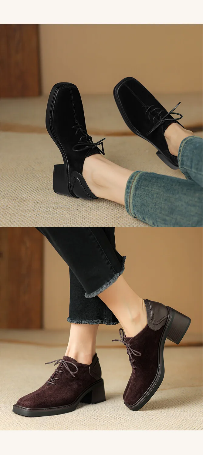 NEW Spring/Autumn Women Shoes Square Toe Chunky Heel Casual Shoes Sheep Suede Leather Shoes for Women Retro Lace up Women Pumps
