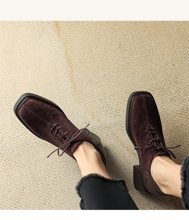 NEW Spring/Autumn Women Shoes Square Toe Chunky Heel Casual Shoes Sheep Suede Leather Shoes for Women Retro Lace up Women Pumps
