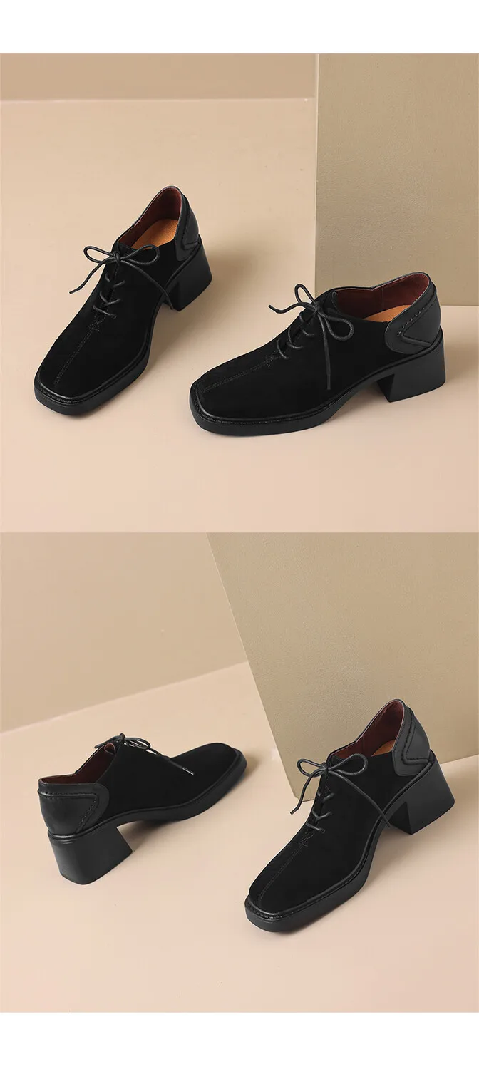 NEW Spring/Autumn Women Shoes Square Toe Chunky Heel Casual Shoes Sheep Suede Leather Shoes for Women Retro Lace up Women Pumps