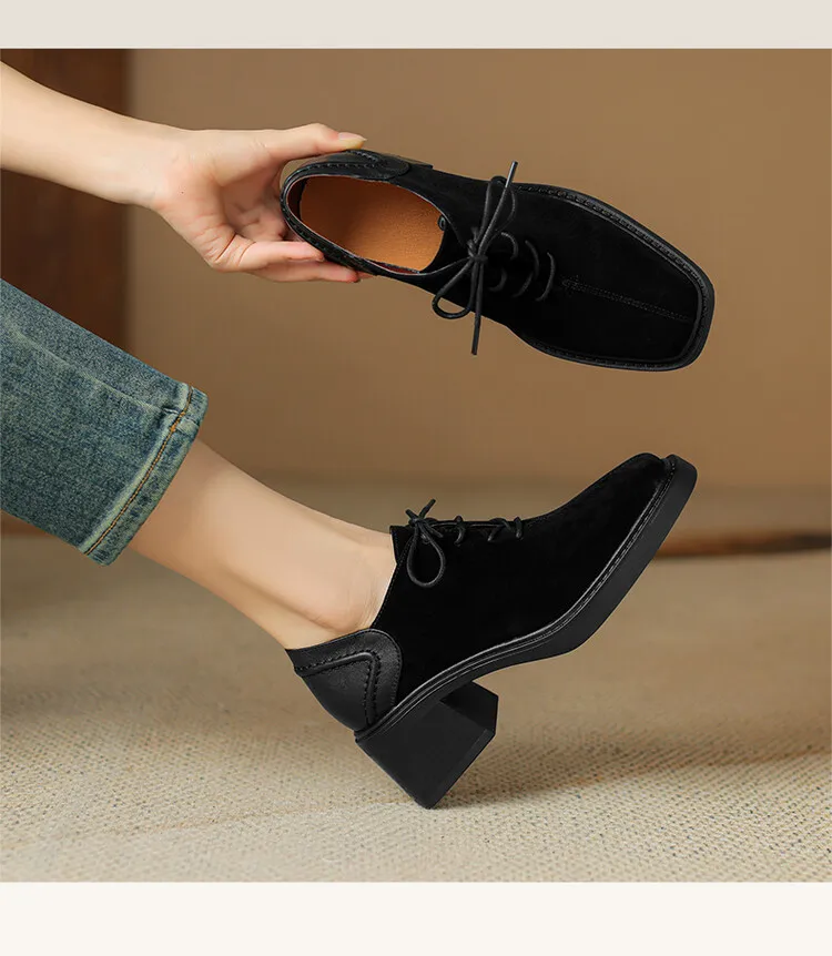 NEW Spring/Autumn Women Shoes Square Toe Chunky Heel Casual Shoes Sheep Suede Leather Shoes for Women Retro Lace up Women Pumps