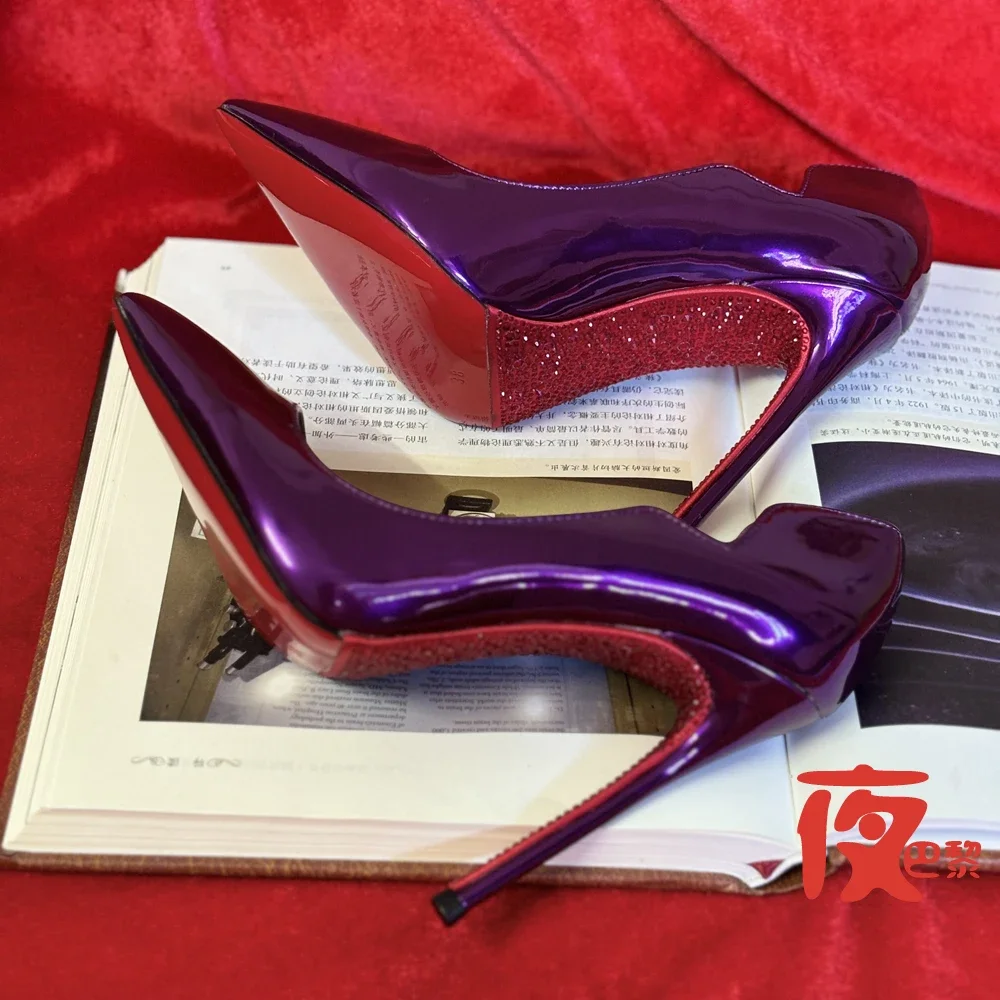 2025new Laser Electric Red High Heels Shallow Mouth Wave Edge Pointed Shoes Sexy 12cm Sexy French Fashion Lady Single Shoes33-46