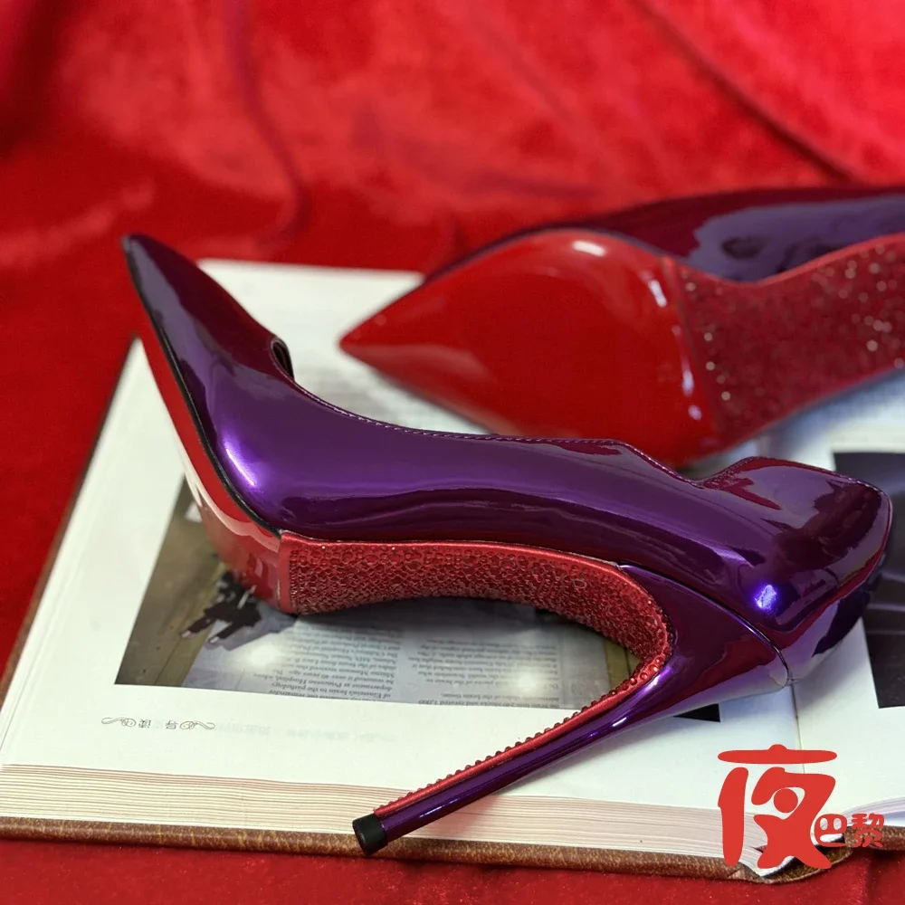 2025new Laser Electric Red High Heels Shallow Mouth Wave Edge Pointed Shoes Sexy 12cm Sexy French Fashion Lady Single Shoes33-46
