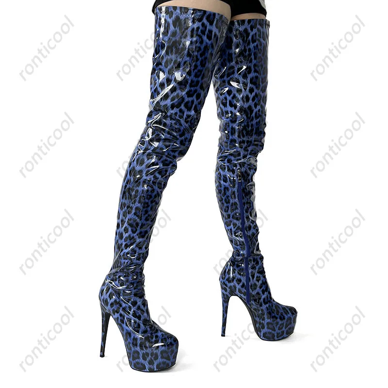 Ronticool Handmade Women Thigh Boots Patent Leather Side Zipper Thin High Heels Round Toe Leopard Club Shoes Women Us Size 5-20