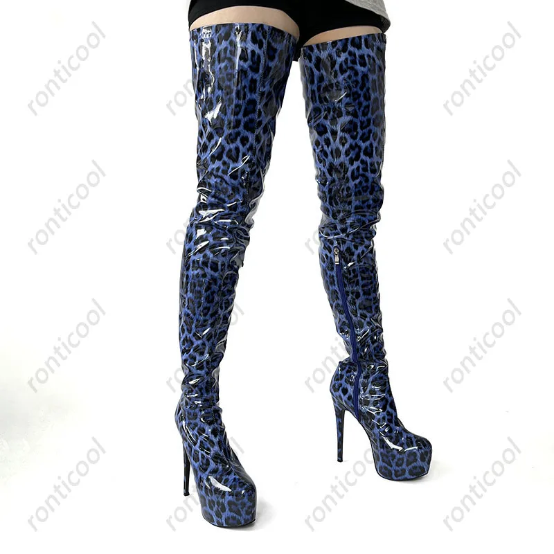 Ronticool Handmade Women Thigh Boots Patent Leather Side Zipper Thin High Heels Round Toe Leopard Club Shoes Women Us Size 5-20