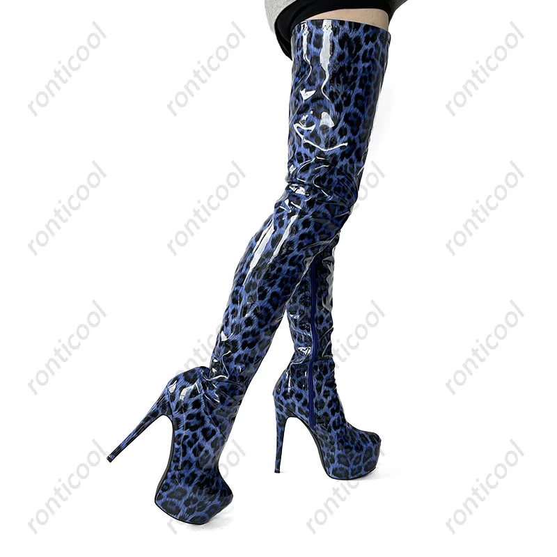 Ronticool Handmade Women Thigh Boots Patent Leather Side Zipper Thin High Heels Round Toe Leopard Club Shoes Women Us Size 5-20