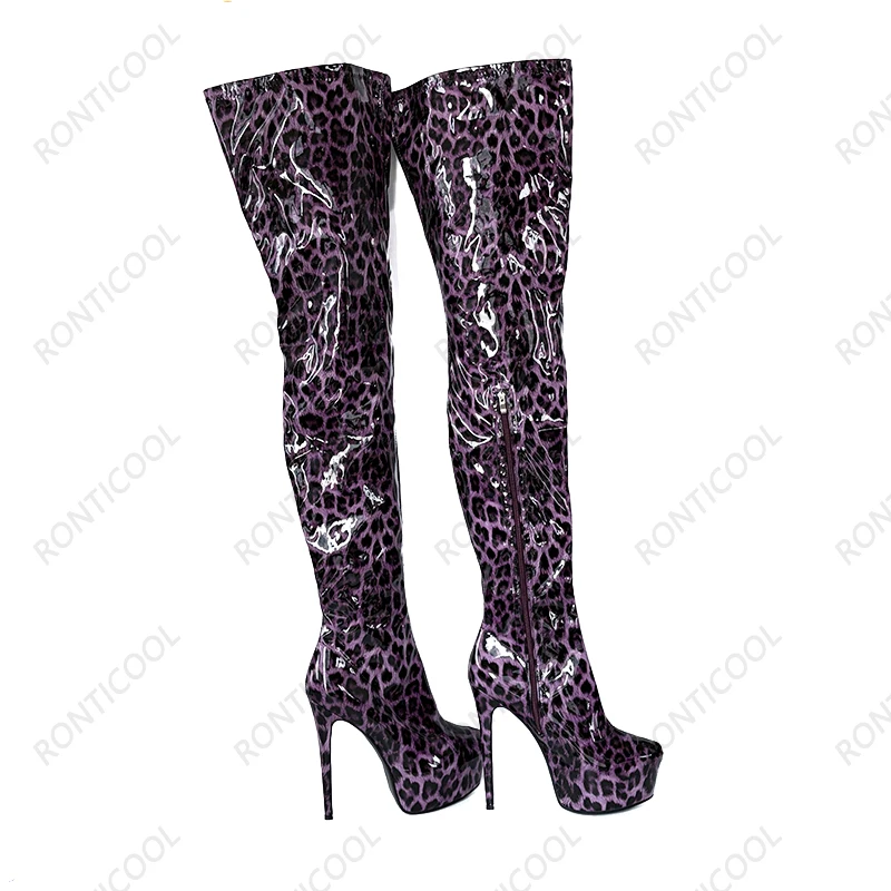 Ronticool Handmade Women Thigh Boots Patent Leather Side Zipper Thin High Heels Round Toe Leopard Club Shoes Women Us Size 5-20