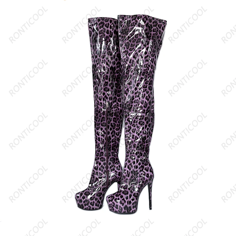 Ronticool Handmade Women Thigh Boots Patent Leather Side Zipper Thin High Heels Round Toe Leopard Club Shoes Women Us Size 5-20
