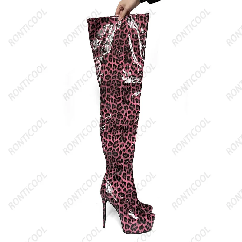 Ronticool Handmade Women Thigh Boots Patent Leather Side Zipper Thin High Heels Round Toe Leopard Club Shoes Women Us Size 5-20