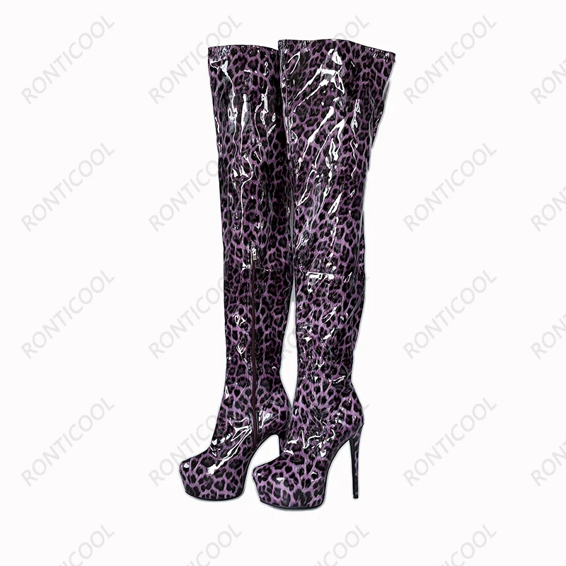 Ronticool Handmade Women Thigh Boots Patent Leather Side Zipper Thin High Heels Round Toe Leopard Club Shoes Women Us Size 5-20