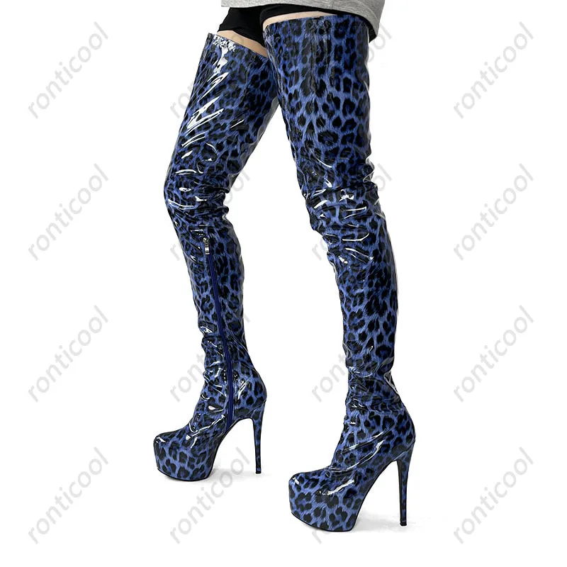 Ronticool Handmade Women Thigh Boots Patent Leather Side Zipper Thin High Heels Round Toe Leopard Club Shoes Women Us Size 5-20