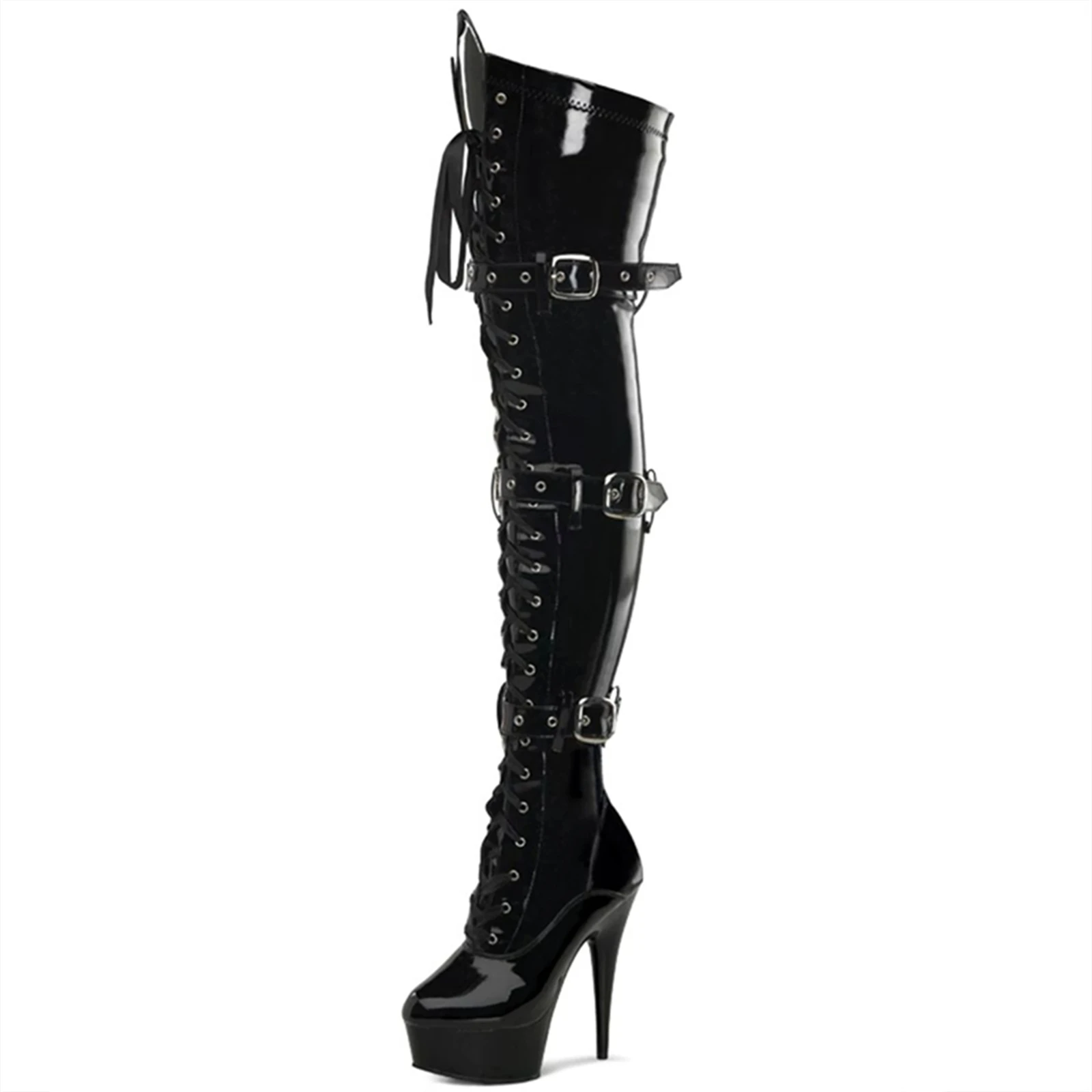 15CM Stripper Knee Boots | Steel Pipe Dance Knee Boots | Black Strapped Thigh Boots | Suitable for Stage Dancing in Nightclubs