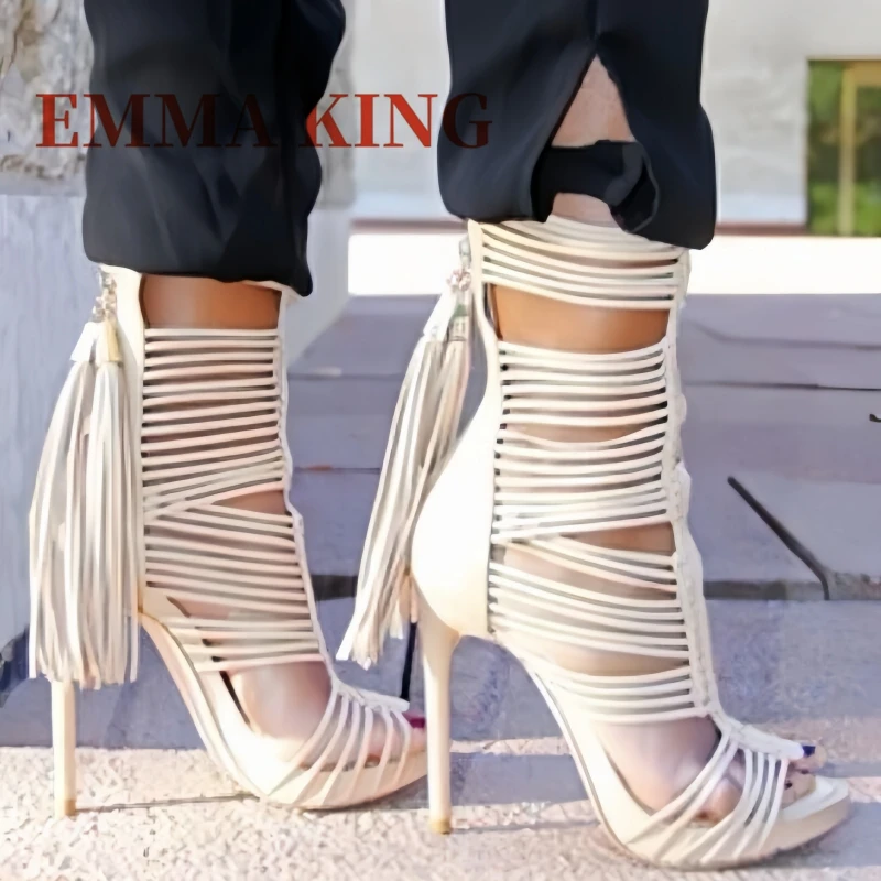 Women Open Toe Straps Ankle Wrap Gladiator Boots Black White High Heel Cut-out Tassels Boots Dress Shoes 35-44