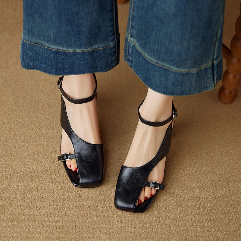 NEW Summer Women Sandals Split Leather Shoes for Women Square Toe Kitten Heel Shoe Narrow Band Bcukle Strap Shoes Modern Sandals