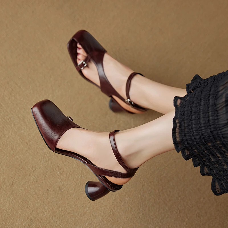 NEW Summer Women Sandals Split Leather Shoes for Women Square Toe Kitten Heel Shoe Narrow Band Bcukle Strap Shoes Modern Sandals