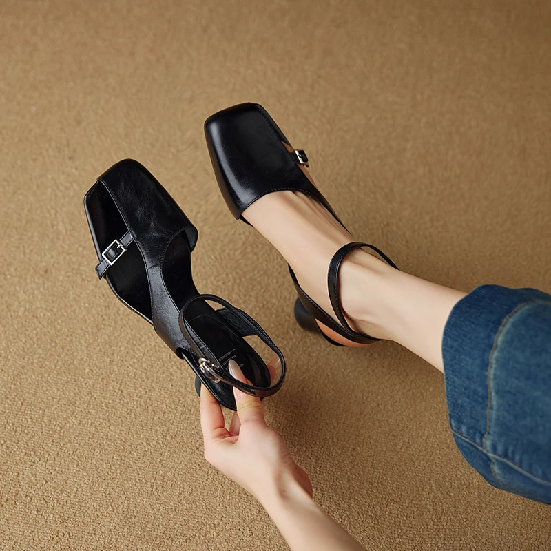 NEW Summer Women Sandals Split Leather Shoes for Women Square Toe Kitten Heel Shoe Narrow Band Bcukle Strap Shoes Modern Sandals