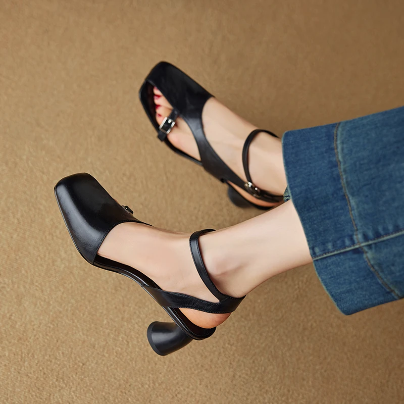 NEW Summer Women Sandals Split Leather Shoes for Women Square Toe Kitten Heel Shoe Narrow Band Bcukle Strap Shoes Modern Sandals