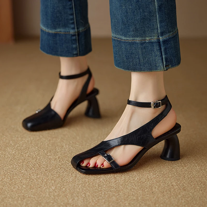 NEW Summer Women Sandals Split Leather Shoes for Women Square Toe Kitten Heel Shoe Narrow Band Bcukle Strap Shoes Modern Sandals