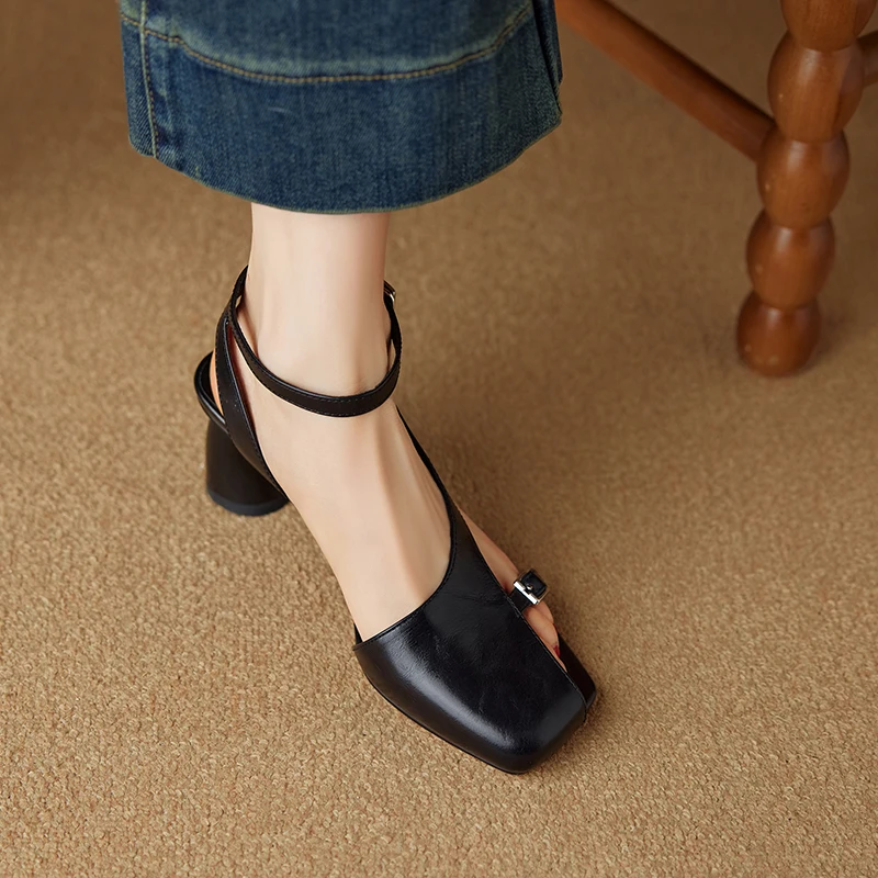 NEW Summer Women Sandals Split Leather Shoes for Women Square Toe Kitten Heel Shoe Narrow Band Bcukle Strap Shoes Modern Sandals