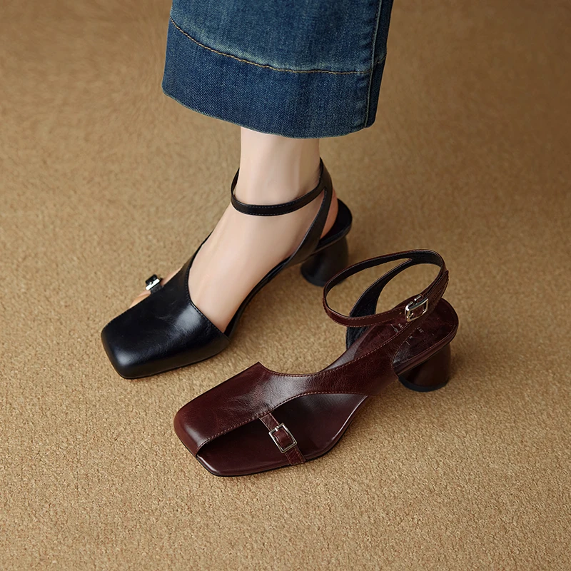 NEW Summer Women Sandals Split Leather Shoes for Women Square Toe Kitten Heel Shoe Narrow Band Bcukle Strap Shoes Modern Sandals
