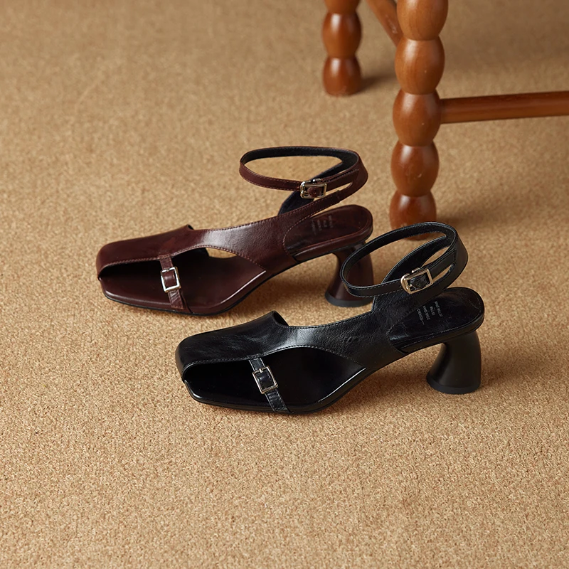 NEW Summer Women Sandals Split Leather Shoes for Women Square Toe Kitten Heel Shoe Narrow Band Bcukle Strap Shoes Modern Sandals