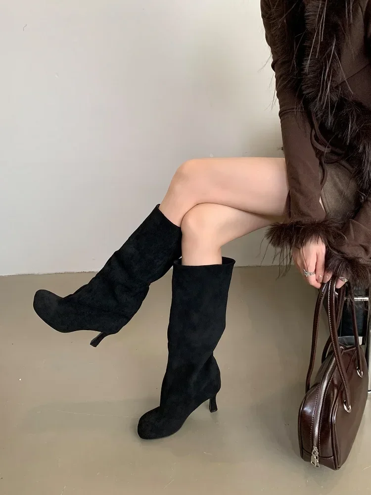 Aneikeh Street Punk Style Round Toe Women Knee-High Boots Sexy Thin Heels Shoes Winter Female Modern Long Booties