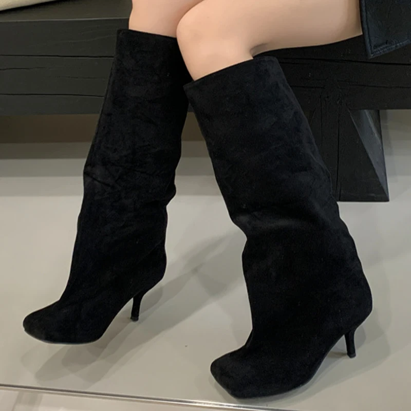 Aneikeh Street Punk Style Round Toe Women Knee-High Boots Sexy Thin Heels Shoes Winter Female Modern Long Booties
