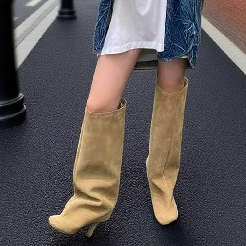 Aneikeh Street Punk Style Round Toe Women Knee-High Boots Sexy Thin Heels Shoes Winter Female Modern Long Booties