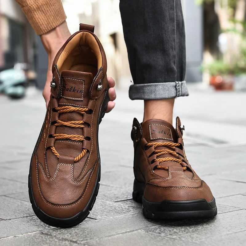 Men's High-Top Round-Toe Fashion Boots Lace-Up Outdoor Hiking Shoes Spring/Fall Thick-Sole Casual Oversized Men's Shoes