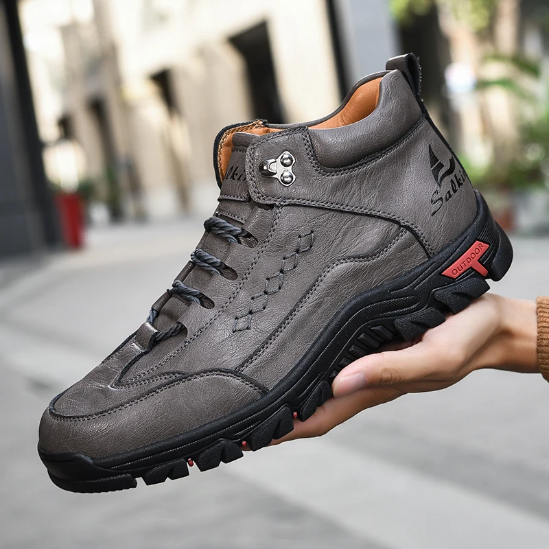Men's High-Top Round-Toe Fashion Boots Lace-Up Outdoor Hiking Shoes Spring/Fall Thick-Sole Casual Oversized Men's Shoes