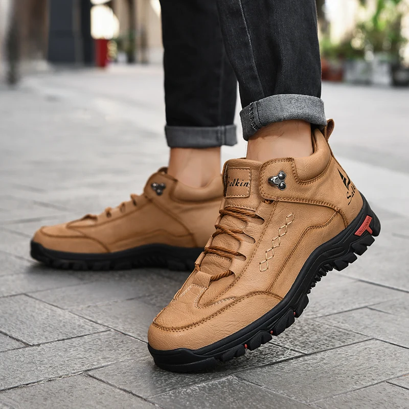 Men's High-Top Round-Toe Fashion Boots Lace-Up Outdoor Hiking Shoes Spring/Fall Thick-Sole Casual Oversized Men's Shoes