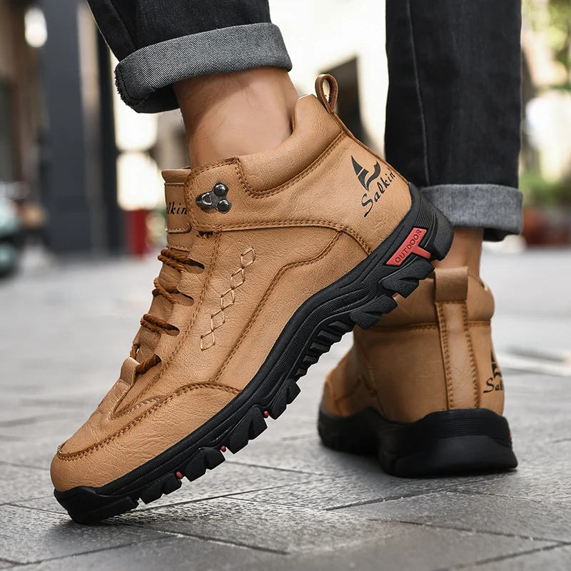 Men's High-Top Round-Toe Fashion Boots Lace-Up Outdoor Hiking Shoes Spring/Fall Thick-Sole Casual Oversized Men's Shoes