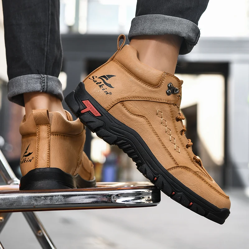 Men's High-Top Round-Toe Fashion Boots Lace-Up Outdoor Hiking Shoes Spring/Fall Thick-Sole Casual Oversized Men's Shoes