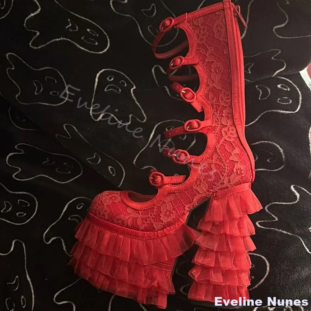 Red Lace Platform Lolita Sandals Women Round Toe Hollow Chiffons Chunky Heel Sweet Wedding Shoes New Cute Cosplay Long Sandals