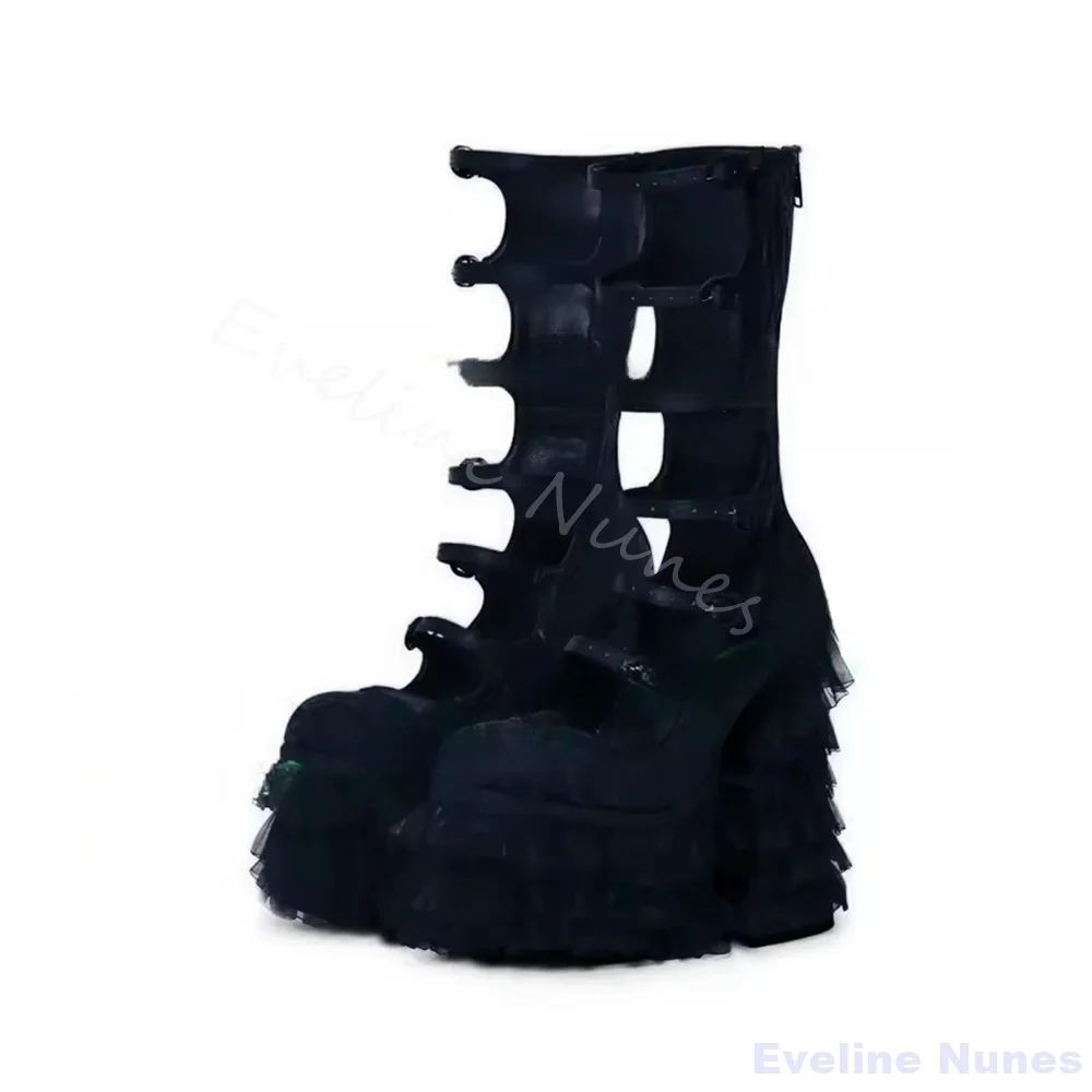 Red Lace Platform Lolita Sandals Women Round Toe Hollow Chiffons Chunky Heel Sweet Wedding Shoes New Cute Cosplay Long Sandals
