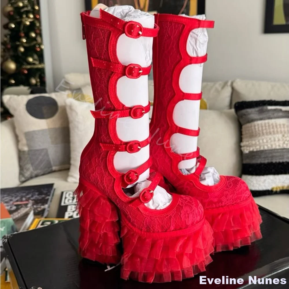 Red Lace Platform Lolita Sandals Women Round Toe Hollow Chiffons Chunky Heel Sweet Wedding Shoes New Cute Cosplay Long Sandals