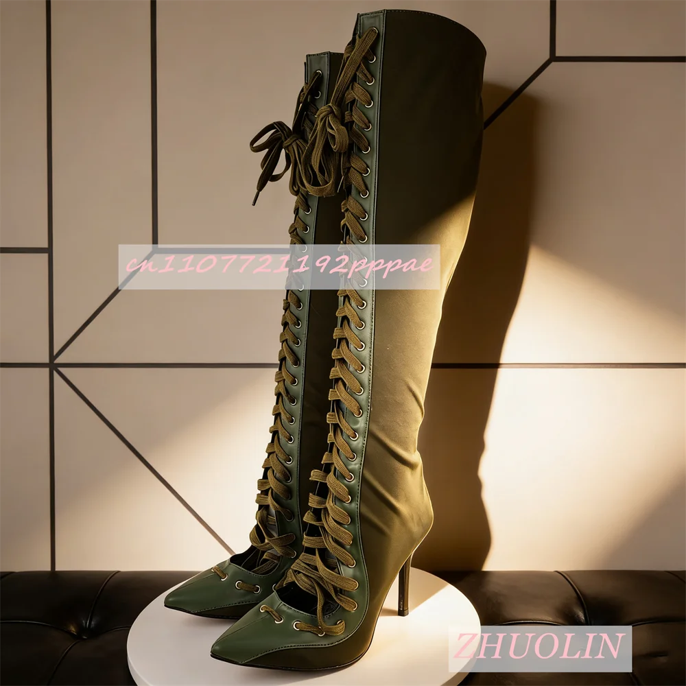 Women'S Military Green Cross-Strap Knee-High Boots Elegant Satin Stiletto Heel Pointed Toe Stretch Boots Fashion Dress Long Boot
