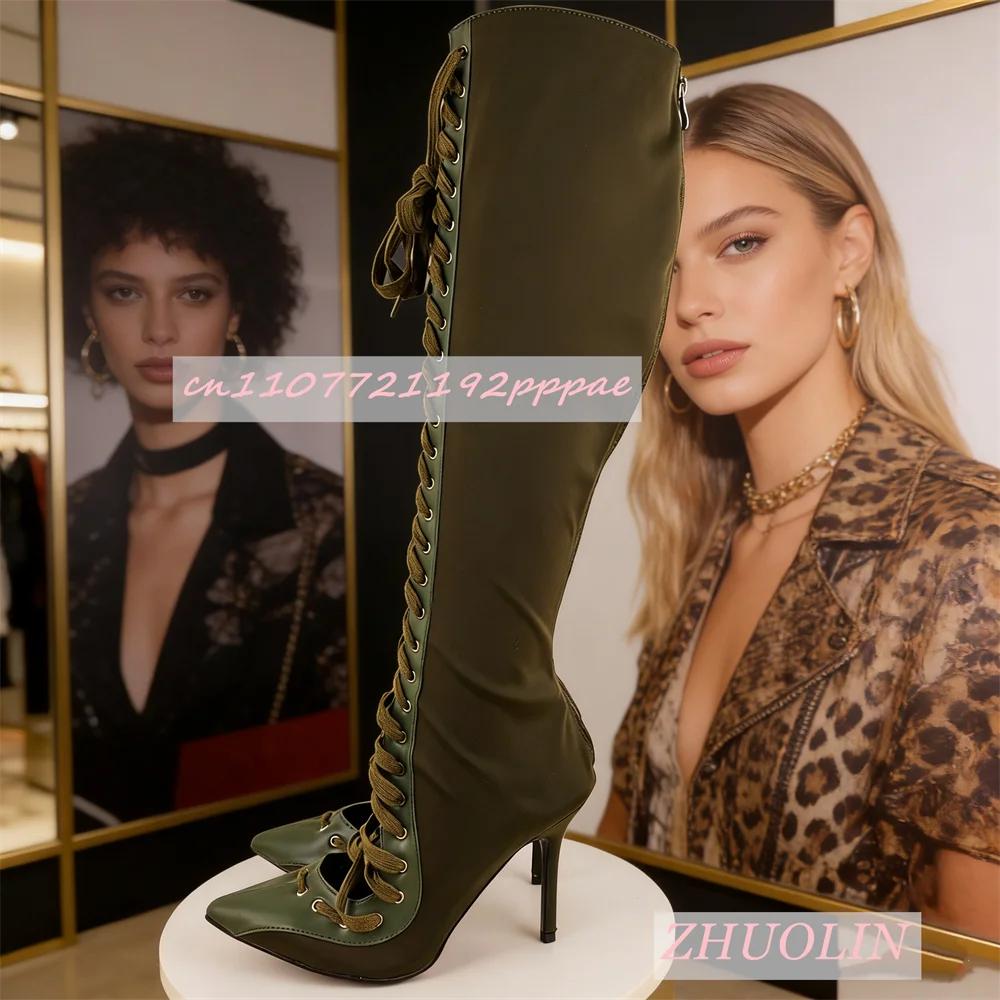 Women'S Military Green Cross-Strap Knee-High Boots Elegant Satin Stiletto Heel Pointed Toe Stretch Boots Fashion Dress Long Boot