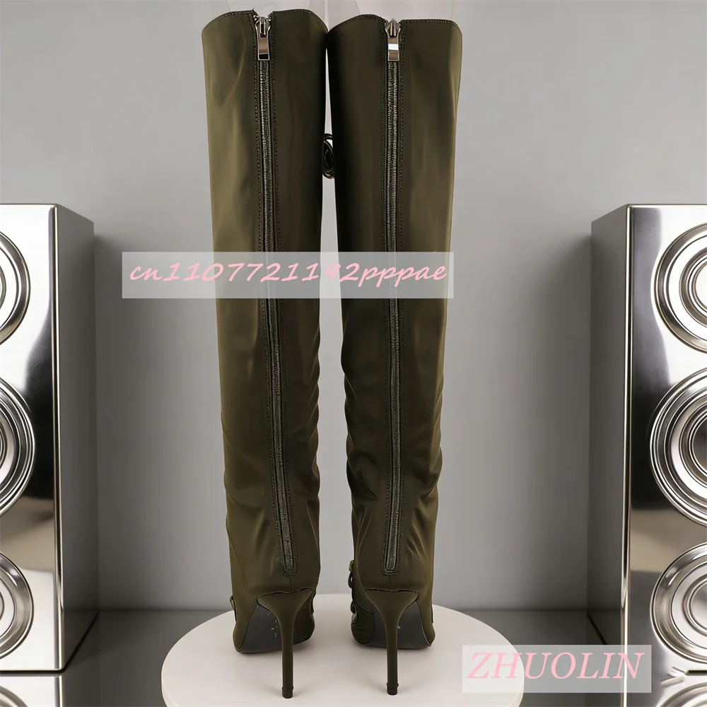 Women'S Military Green Cross-Strap Knee-High Boots Elegant Satin Stiletto Heel Pointed Toe Stretch Boots Fashion Dress Long Boot