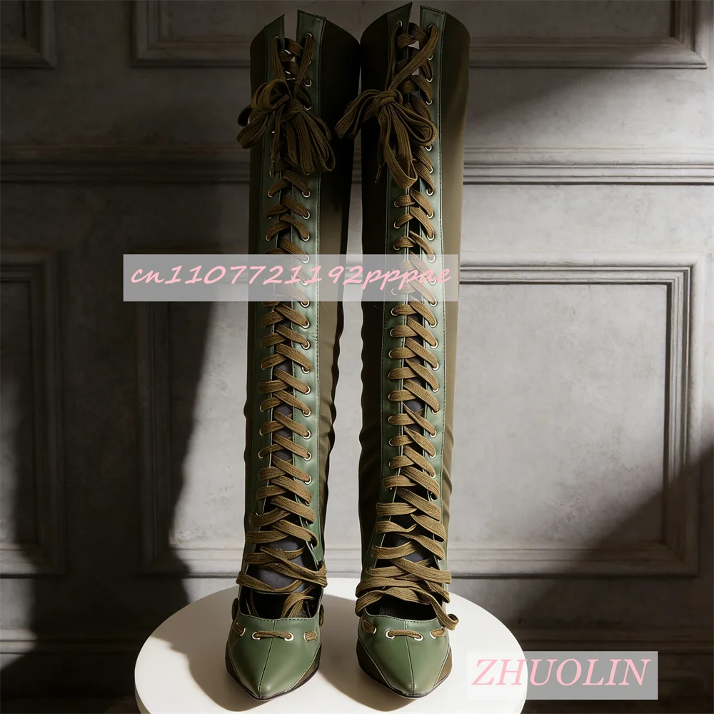 Women'S Military Green Cross-Strap Knee-High Boots Elegant Satin Stiletto Heel Pointed Toe Stretch Boots Fashion Dress Long Boot
