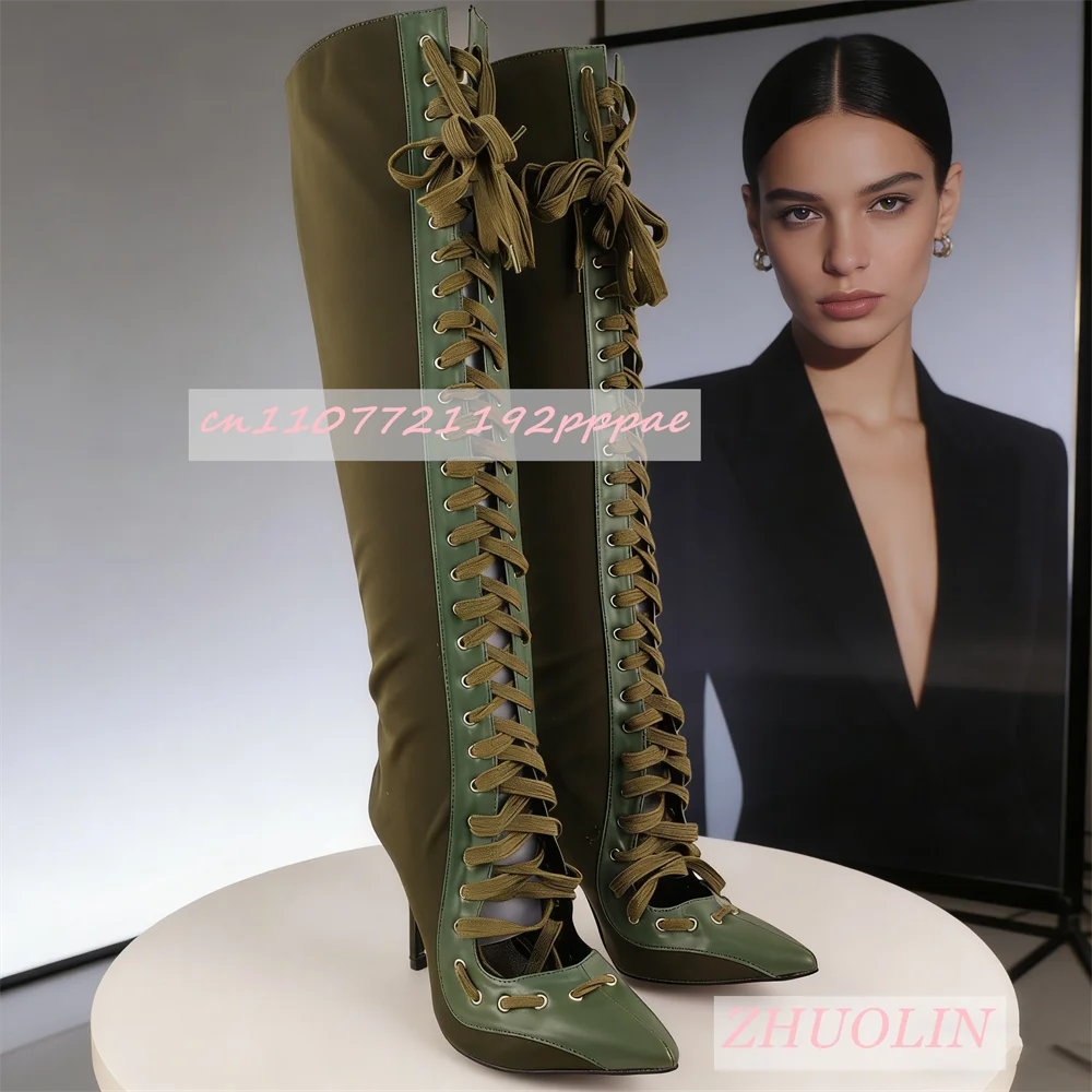 Women'S Military Green Cross-Strap Knee-High Boots Elegant Satin Stiletto Heel Pointed Toe Stretch Boots Fashion Dress Long Boot