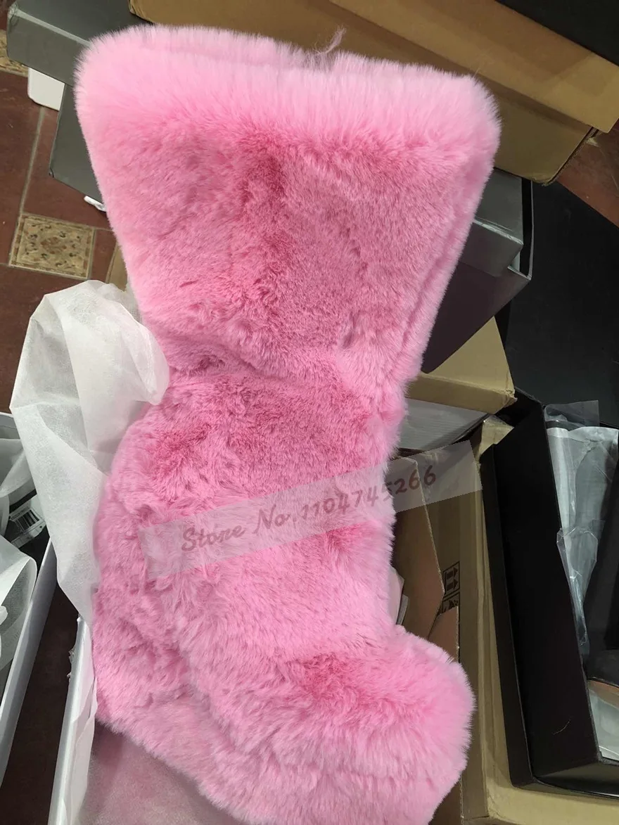 Women Sweet Pink Furry Wedge Heel Mid-Calf Boots Platform Cute Fluffy Plush Boots Zipped Soft Fur Warm Shoes Fall Winter