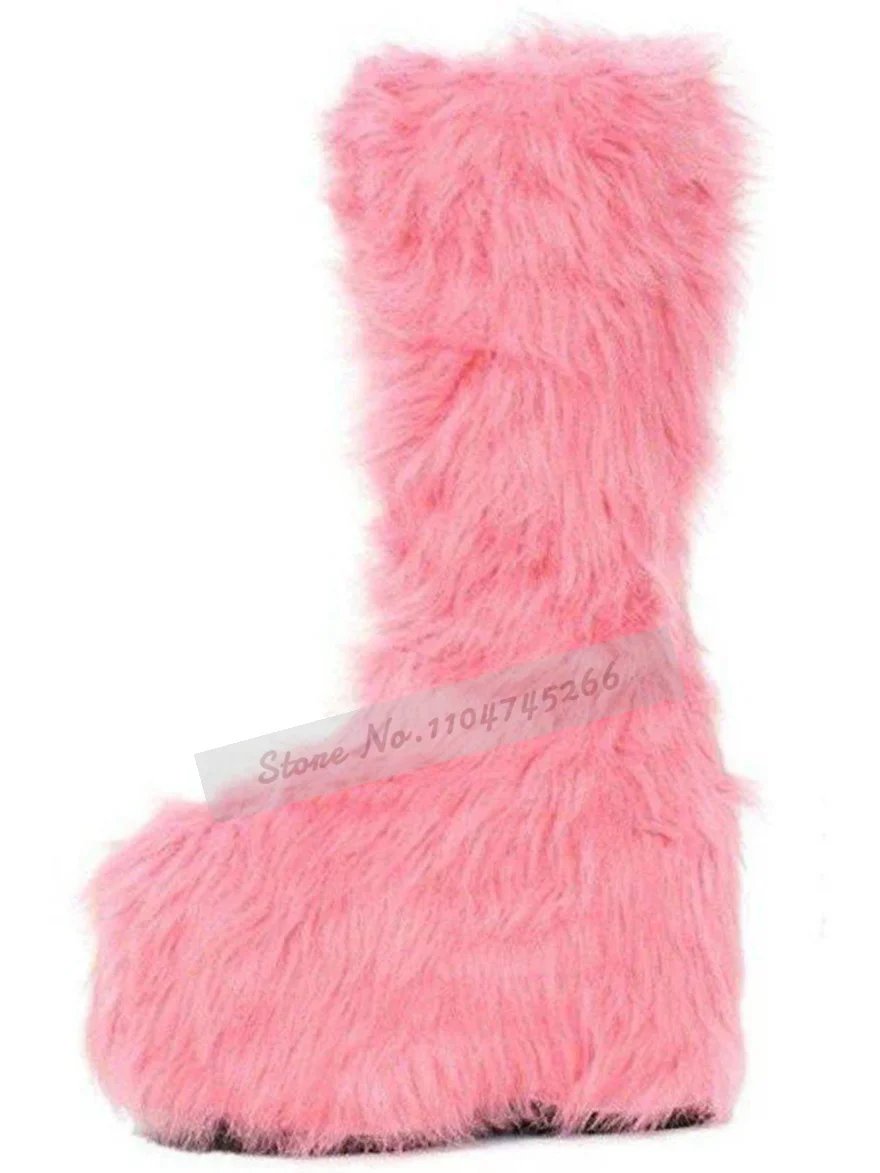 Women Sweet Pink Furry Wedge Heel Mid-Calf Boots Platform Cute Fluffy Plush Boots Zipped Soft Fur Warm Shoes Fall Winter