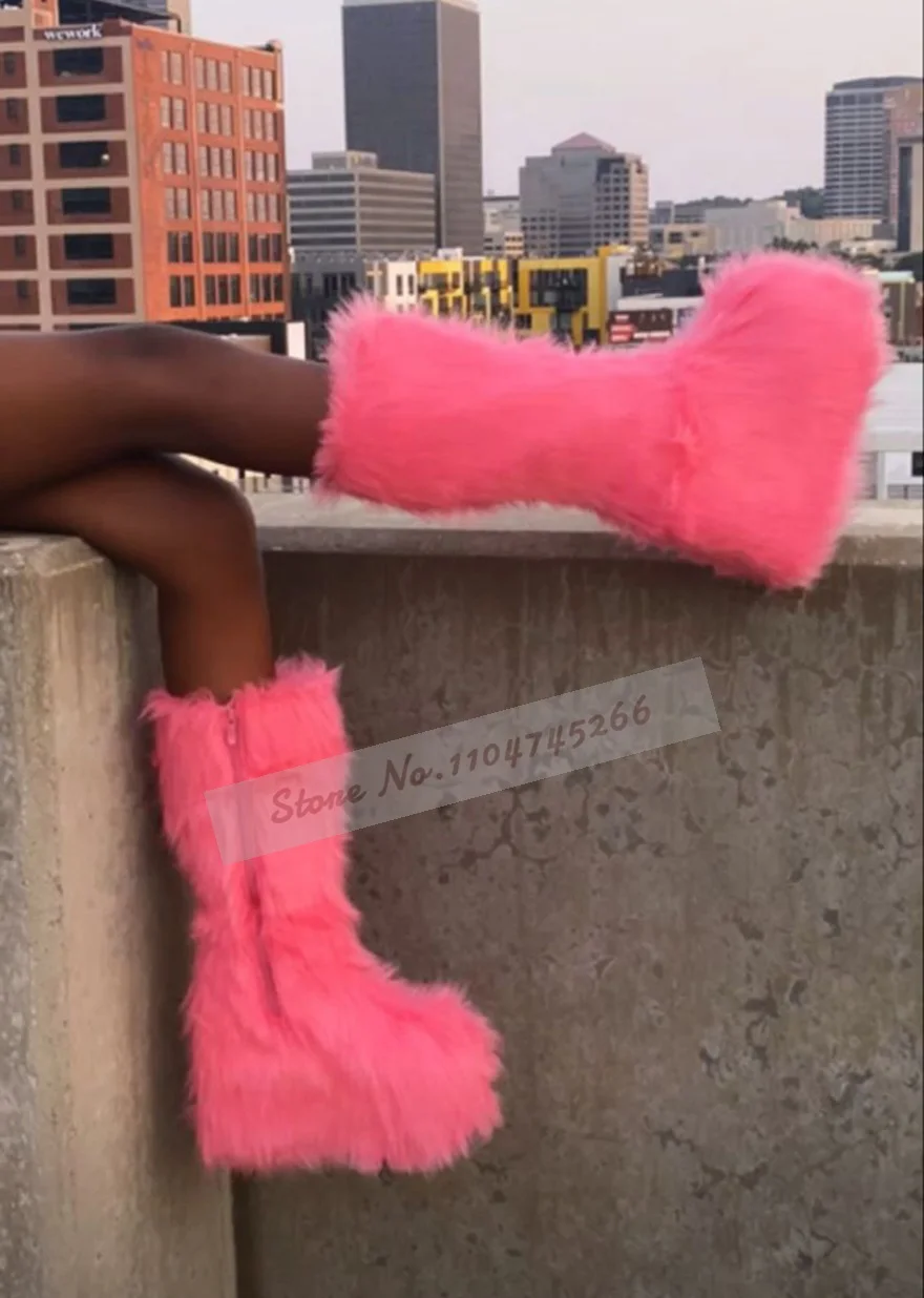 Women Sweet Pink Furry Wedge Heel Mid-Calf Boots Platform Cute Fluffy Plush Boots Zipped Soft Fur Warm Shoes Fall Winter