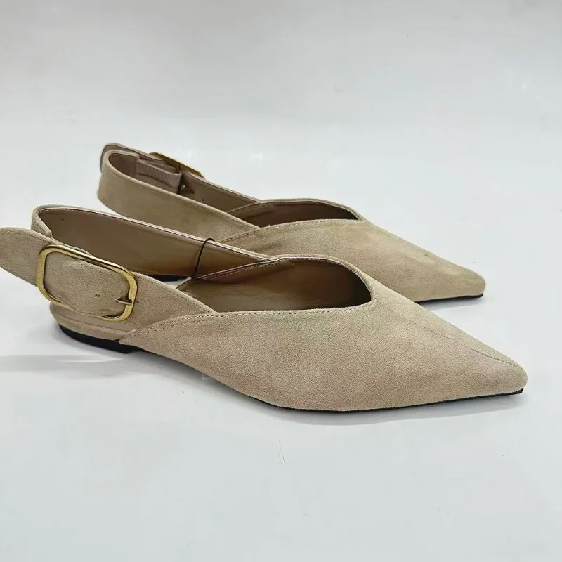 Pointed Toe Women Slingback Flats Back Strap High Quality Faux Suede Designer Brand Casual Daily Retro Female Roman Shoes