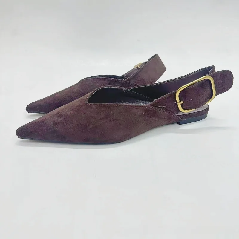 Pointed Toe Women Slingback Flats Back Strap High Quality Faux Suede Designer Brand Casual Daily Retro Female Roman Shoes