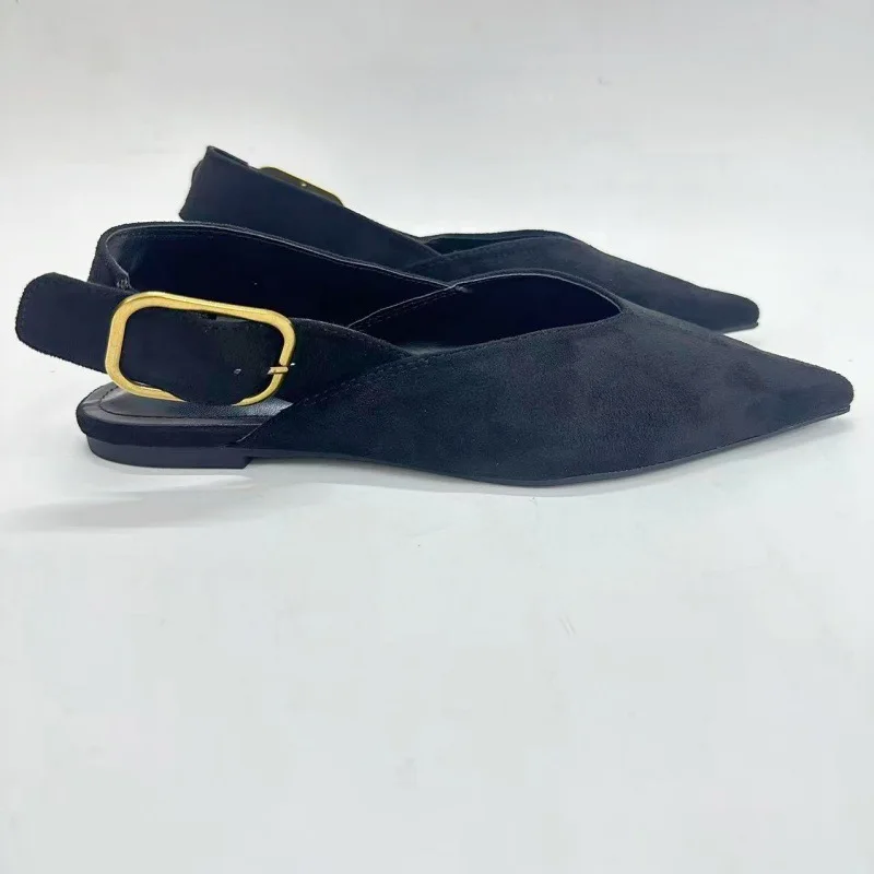 Pointed Toe Women Slingback Flats Back Strap High Quality Faux Suede Designer Brand Casual Daily Retro Female Roman Shoes